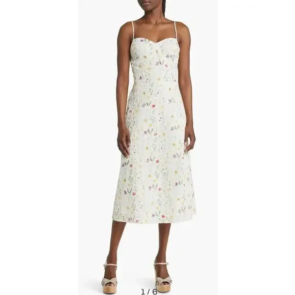 green emerald velvet dress Pellagia Embroidered Eyelet Tiered Midi Dress main image 1